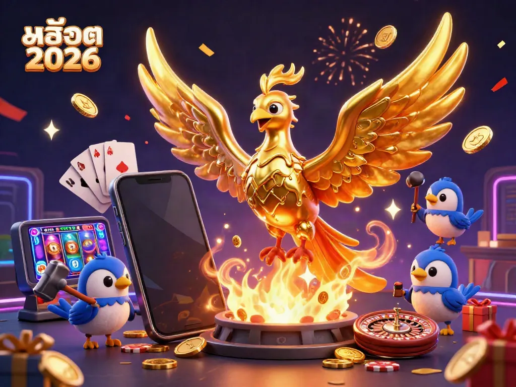 Experience สล็อต 2026 with a molten golden phoenix, dynamic slots, and festive casino elements.