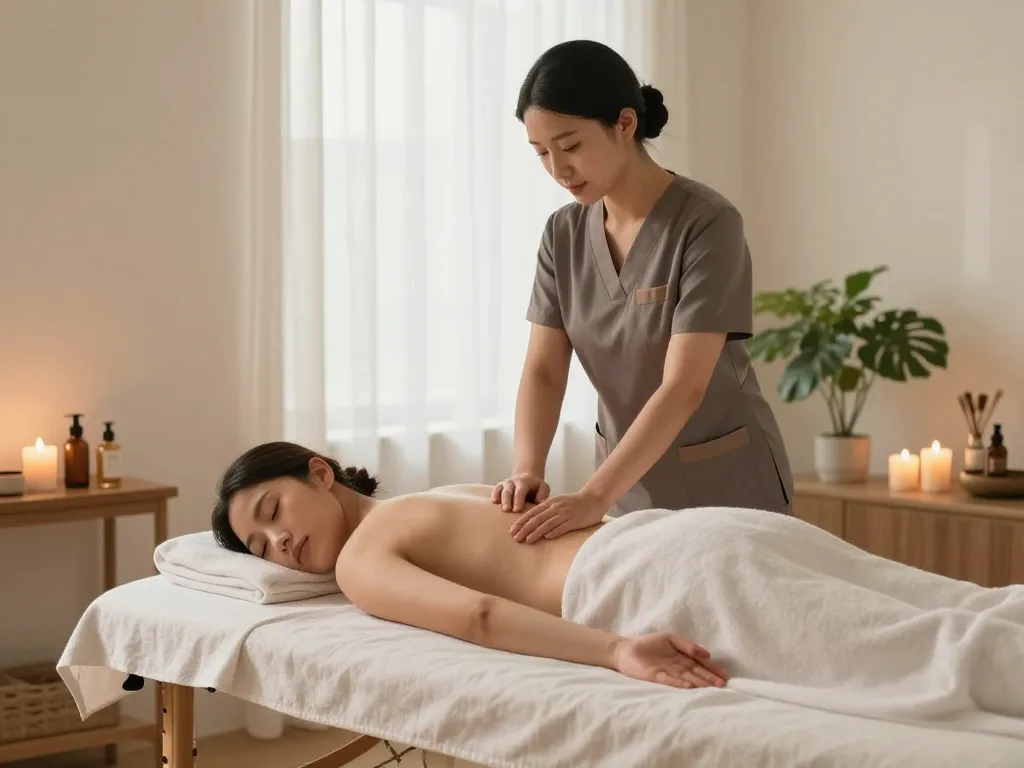 Relaxing 출장마사지 scene featuring a therapist with a client in a serene room.