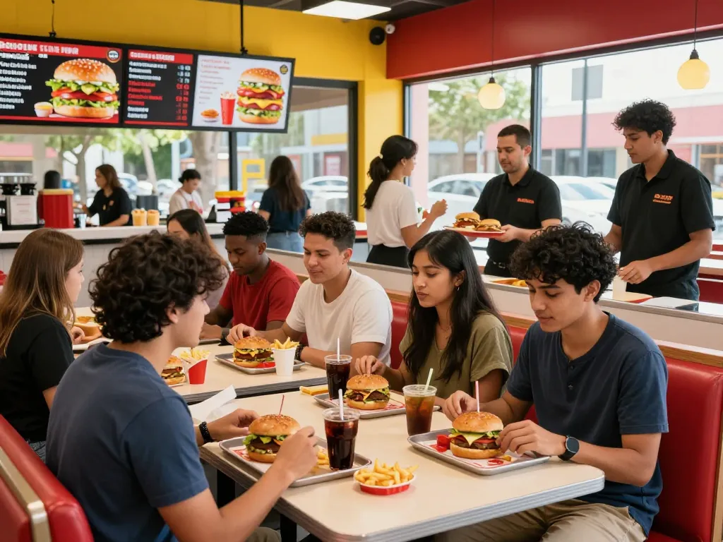 Friends enjoying fast food meals in a vibrant restaurant highlighting fast food prices.
