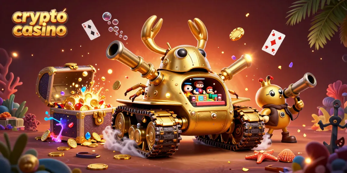 Jouez au crypto casino avec une scène dynamique incluant un tank doré et une multitude d'éléments ludiques.