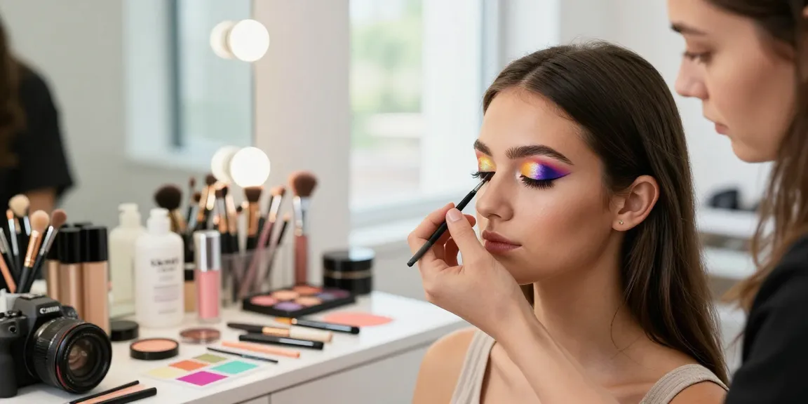 Eyeliner stencil being used by a makeup artist for precise application on model's eyes, showcasing a vibrant beauty studio.