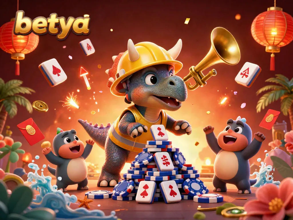 Betya showcases a 3D triceratops building poker chips in a vibrant horse racing-themed casino scene.