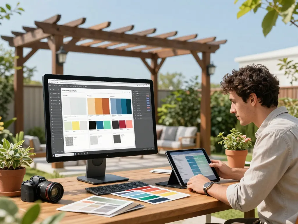 Designer using the All-in-One pergola Configurator to create a custom 3D pergola in a bright outdoor setting.