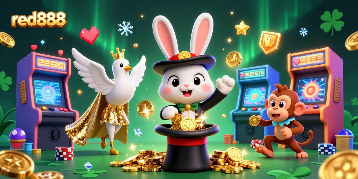 Engage in gameplay with red888 as a magician rabbit, dove, and monkey create a vibrant casino scene.