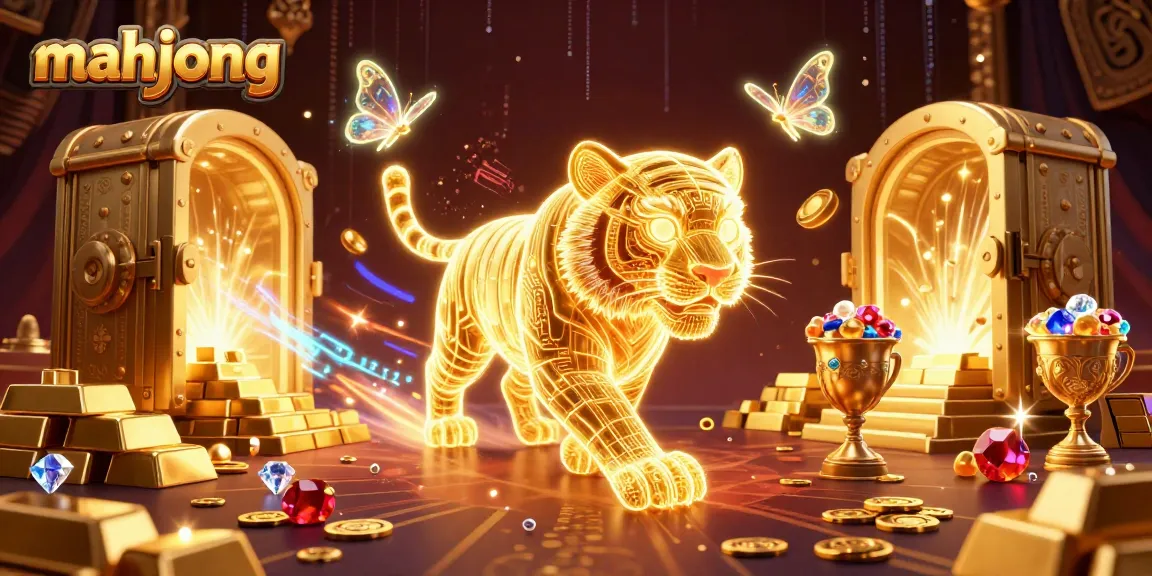 Engage in mahjong gaming excitement with an enthralling tiger and dazzling treasures in a vibrant casino.