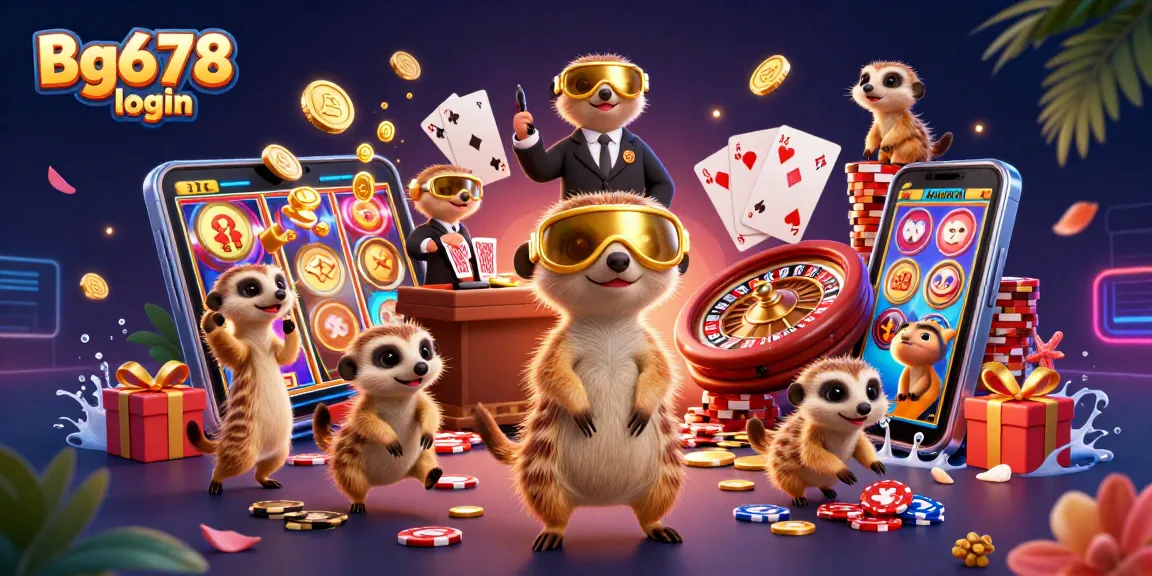 Experience the thrill of Bg678 login with meerkats running a vibrant casino operation.