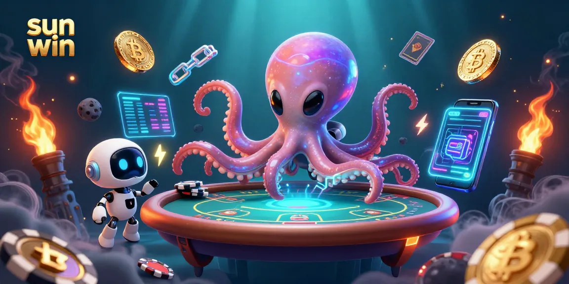 Experience the excitement of sun win at a holographic poker table with energetic 3D characters.
