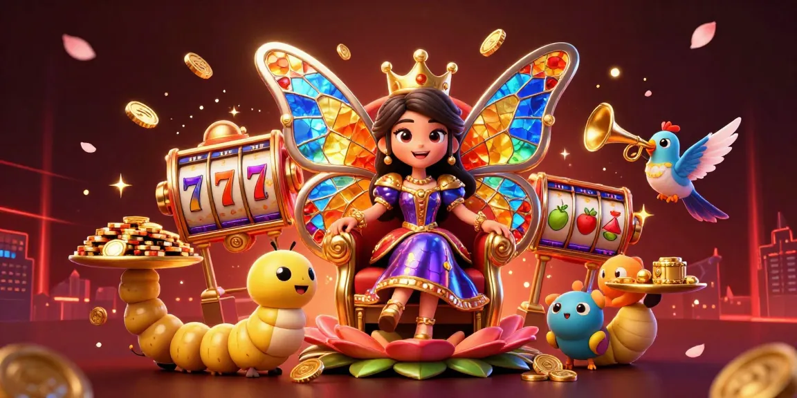 Mainkan slot online sambil menikmati ilustrasi kasino dengan ratu kupu-kupu dan mesin slot yang mengesankan.