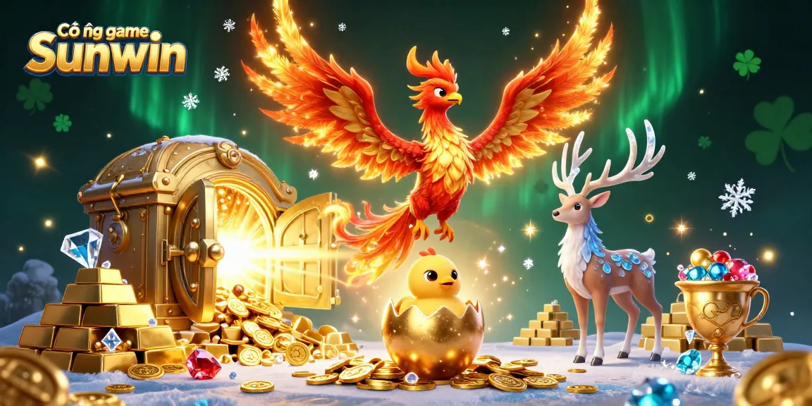 Cổng game Sunwin showcases an enchanting scene with a fire phoenix, baby phoenix, and mystical stag amid treasures.