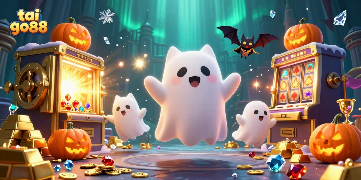 Experience thrilling adventures with tai go88 in this vibrant haunted casino scene, featuring ghostly characters and magical treasures.