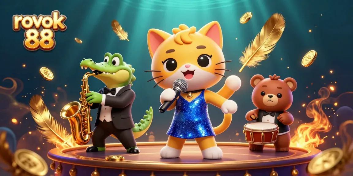 Experience rokok 88's vibrant casino scene with a jazz-singer cat and animated characters.