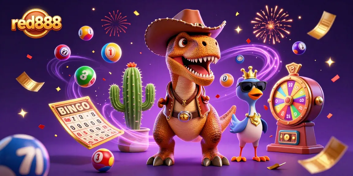 Engage with red888's vibrant casino experience featuring a cowboy dinosaur and colorful lottery elements.