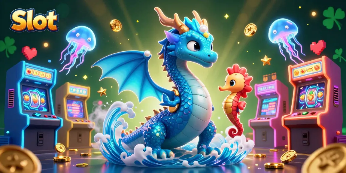 Spin winning Slot reels with a playful dragon and seahorse knight in a vibrant casino-themed scene.