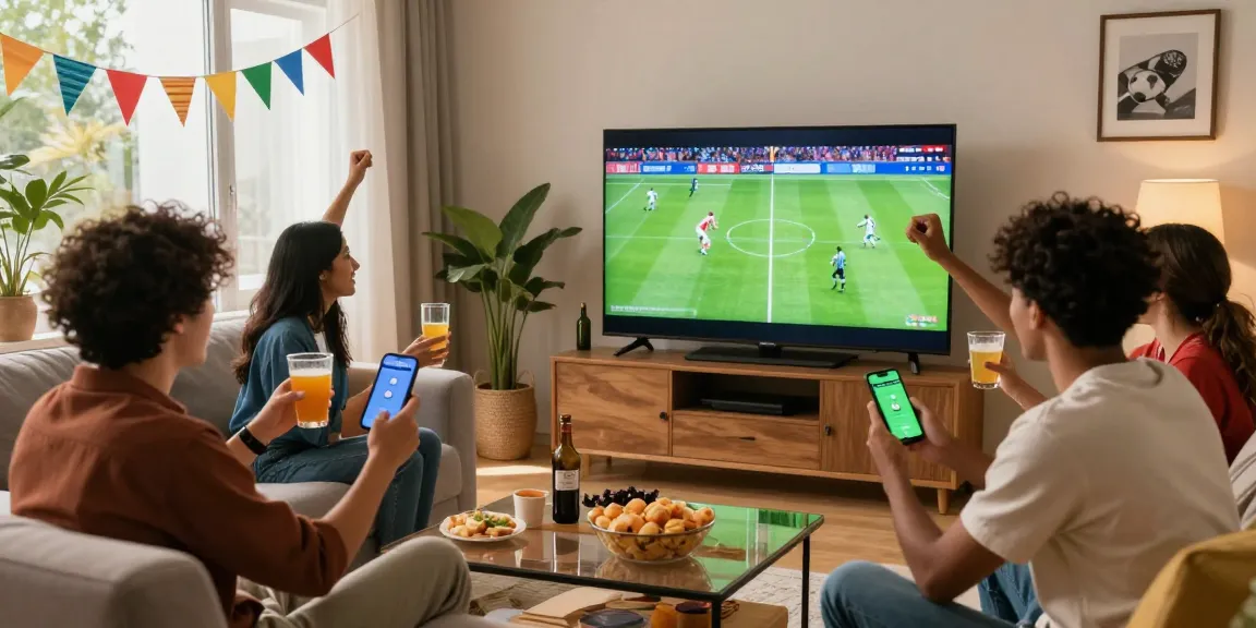 Friends celebrating their sbobet judi bola win while watching live football in a vibrant living room.