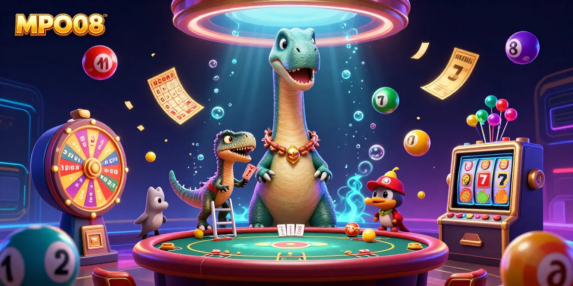 MPO08 engages players with a playful 3D illustration featuring a giant brontosaurus at a poker table and vibrant gambling elements.