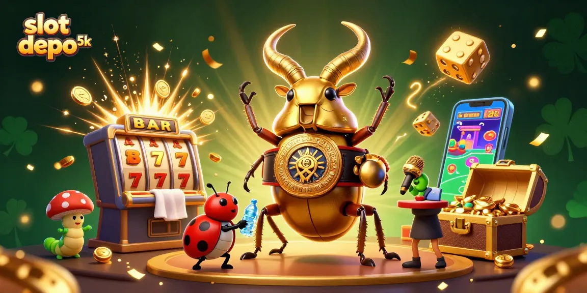 Experience slot depo 5k with a dramatic 3D illustration of a boxing beetle and vibrant jackpot elements.
