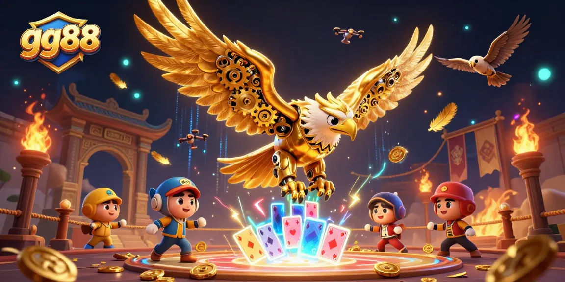Experience thrilling gaming with gg88 as a cybernetic eagle dives through vibrant casino elements.