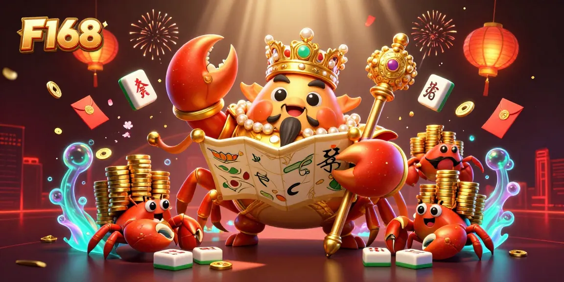 Experience F168's thrilling realm of treasures with a majestic golden crab and gaming elements.