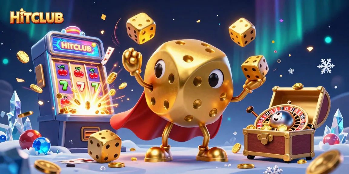 Experience HITCLUB's thrilling atmosphere with golden dice and a jackpot explosion in this lively casino scene.