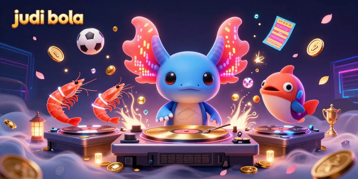 Engage in judi bola excitement with neon characters, floating footballs, and casino elements.