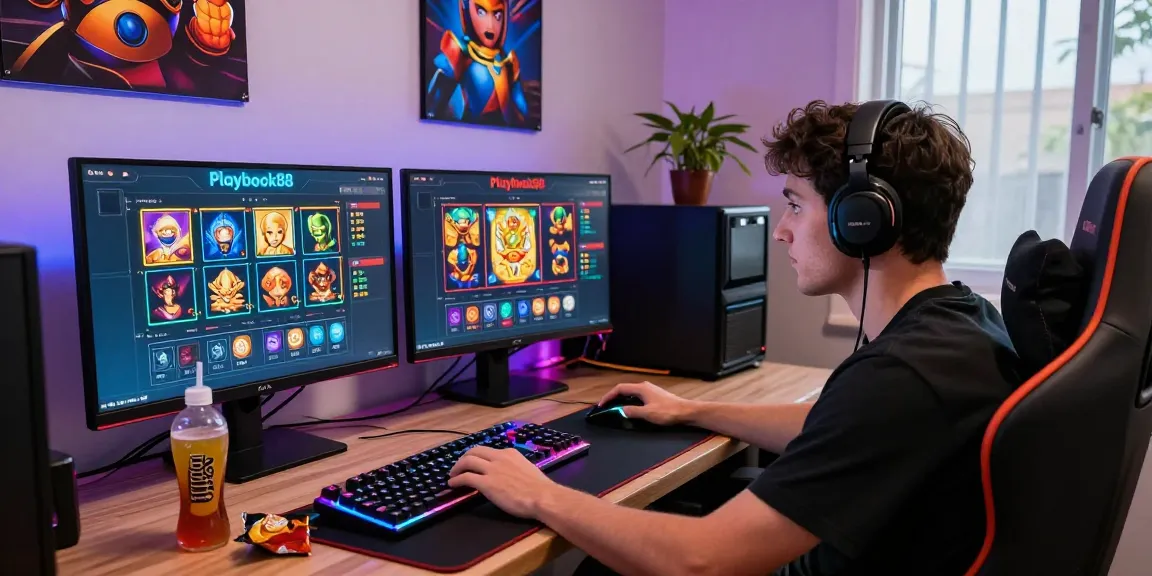 Playbook88 gaming setup showcasing high RTP slot games, vibrant atmosphere with snacks and LED lights