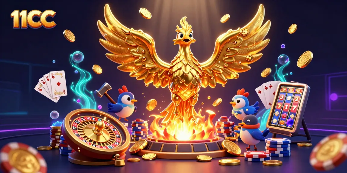 Experience the thrill of winning at 11CC with a vibrant casino scene illustrating games and golden treasures.