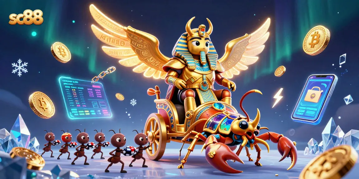 sc88 showcases a vibrant 3D casino scene featuring a colossal golden scarab beetle leading a rich array of gaming tokens and crypto elements.