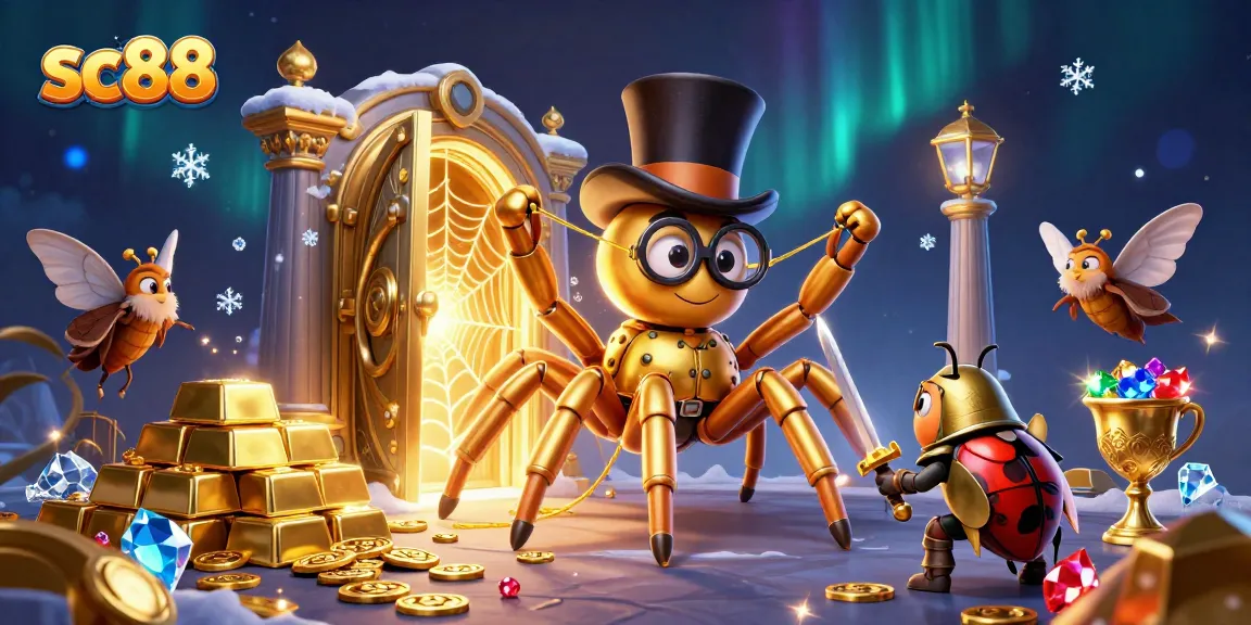 Experience sc88's excitement with a brave beetle knight confronting a golden tarantula in a stunning casino backdrop.