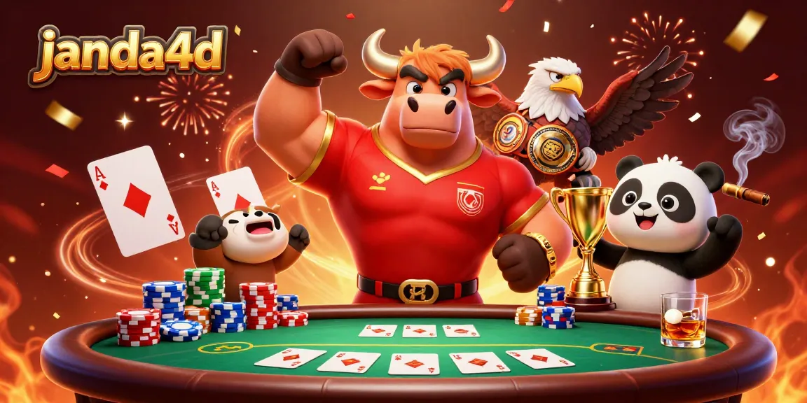 Janda4D menghadirkan aksi permainan poker dengan karakter kartun menarik yang merayakan kemenangan.