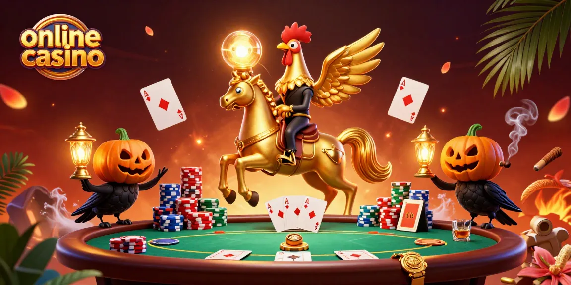 Engage with an online casino scene featuring a golden rooster and poker elements.