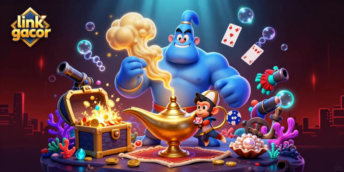 Experience the thrill of link gacor with a magical 3D casino scene featuring a genie, poker, and treasure.