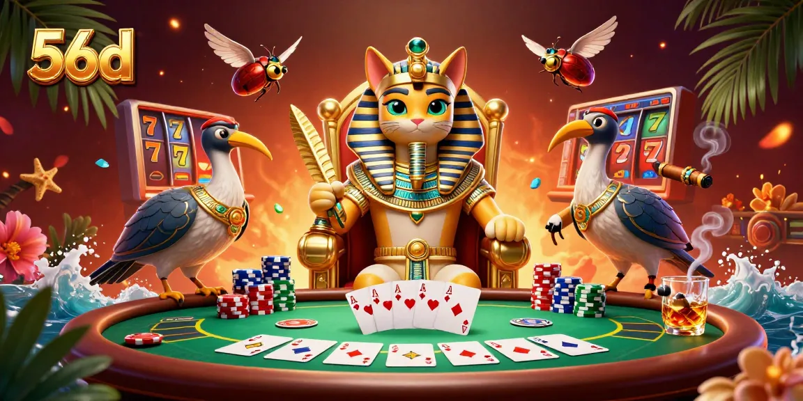 Engage in thrilling poker action at 56d with 3D characters, vibrant casino elements.