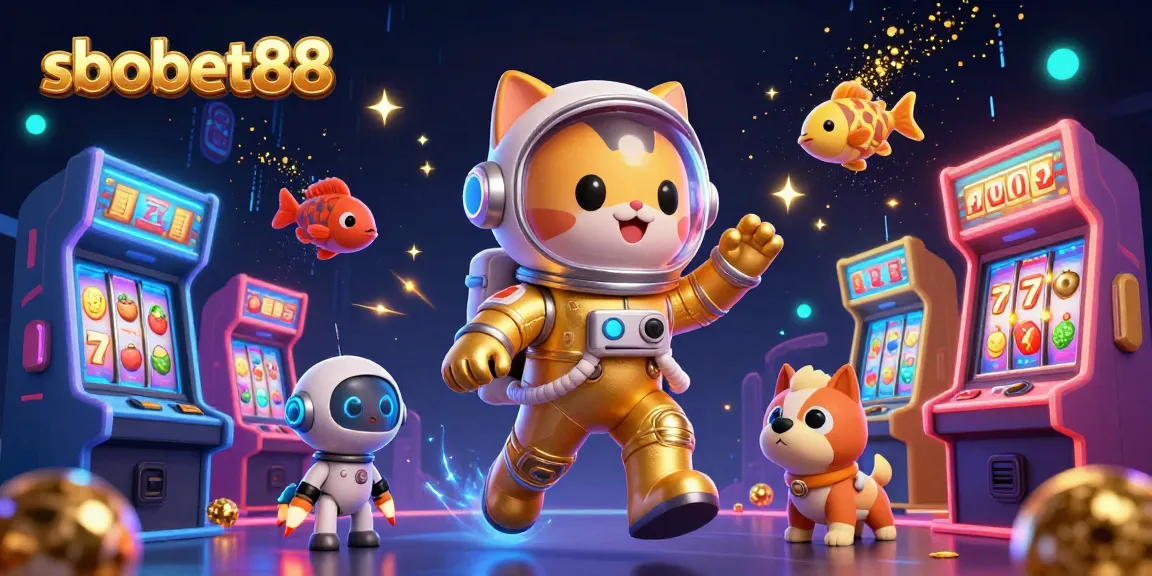 Play sbobet88 with thrilling slots in an ultra-detailed cosmic casino scene featuring unique characters and vibrant visuals.