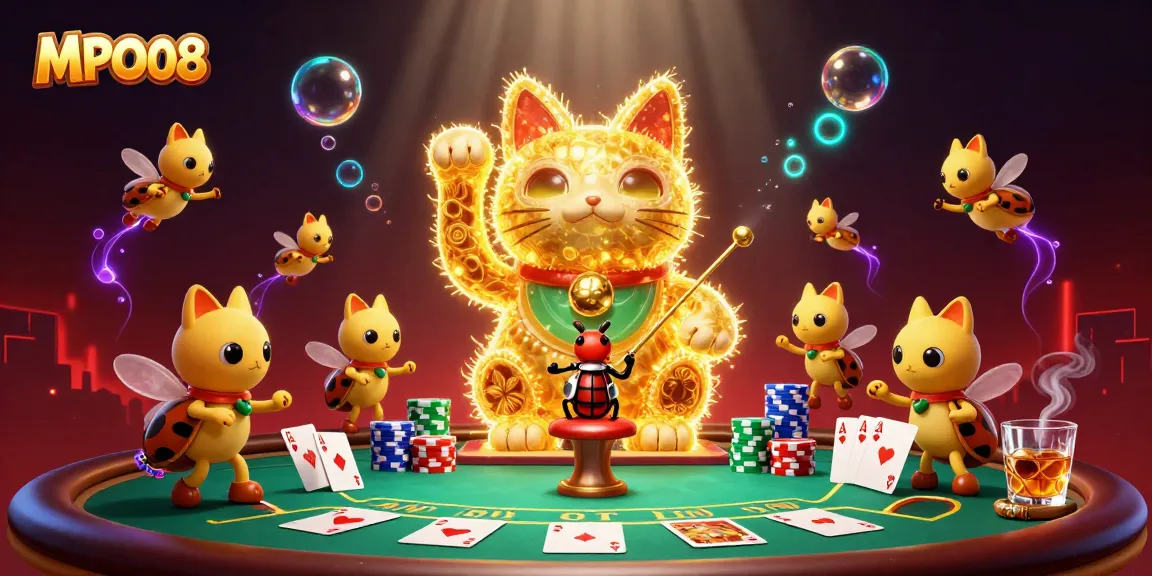 Experience the vibrant casino atmosphere of MPO08 with interactive elements featuring a lucky cat and poker symbols.
