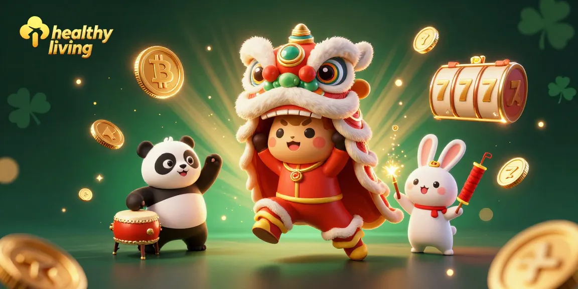Embrace healthy living with a vibrant casino scene featuring a lion dance, cryptocurrencies, and dynamic slot elements.