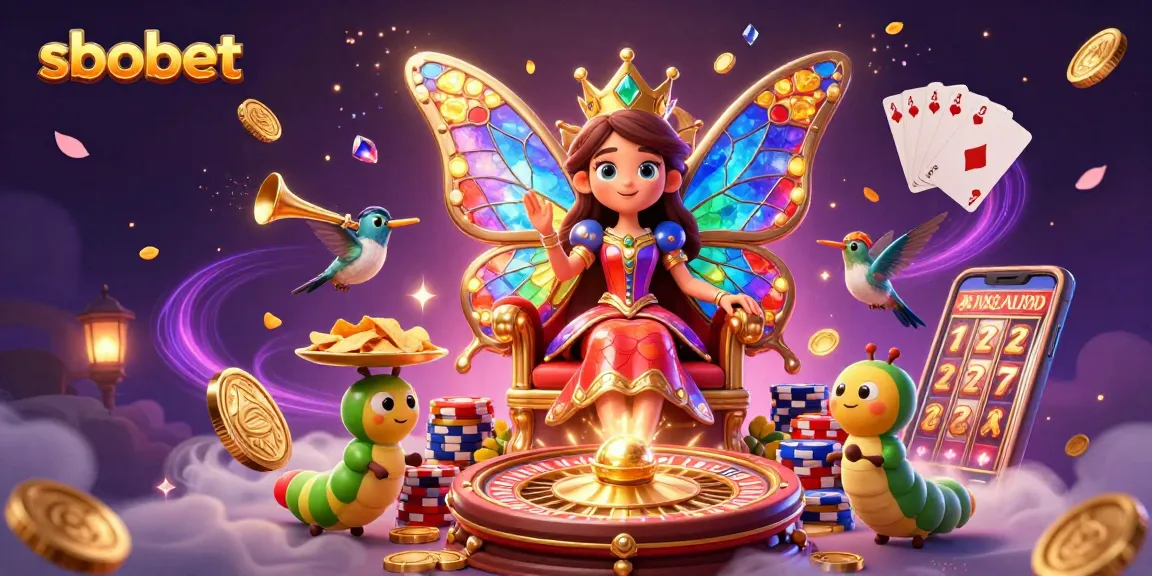 Experience sbobet's vibrant world with a 3D scene featuring a butterfly queen and casino elements.