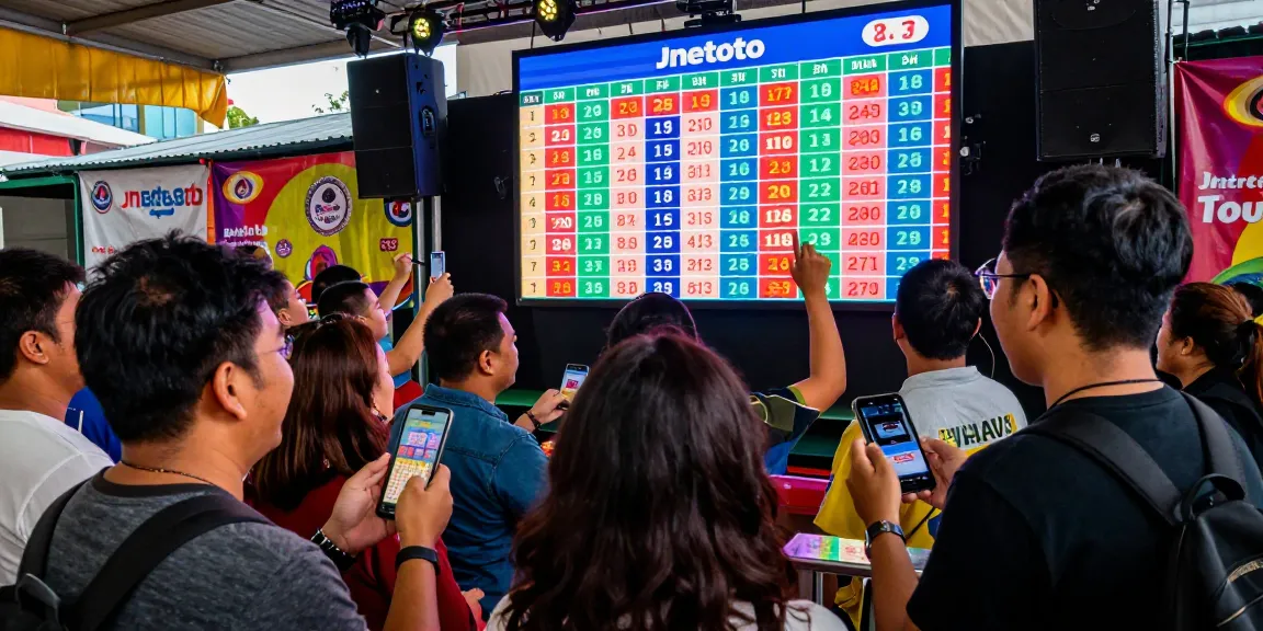 Excited crowd at a jnetoto live draw event, engaging with real-time results on a big screen, vibrant atmosphere.