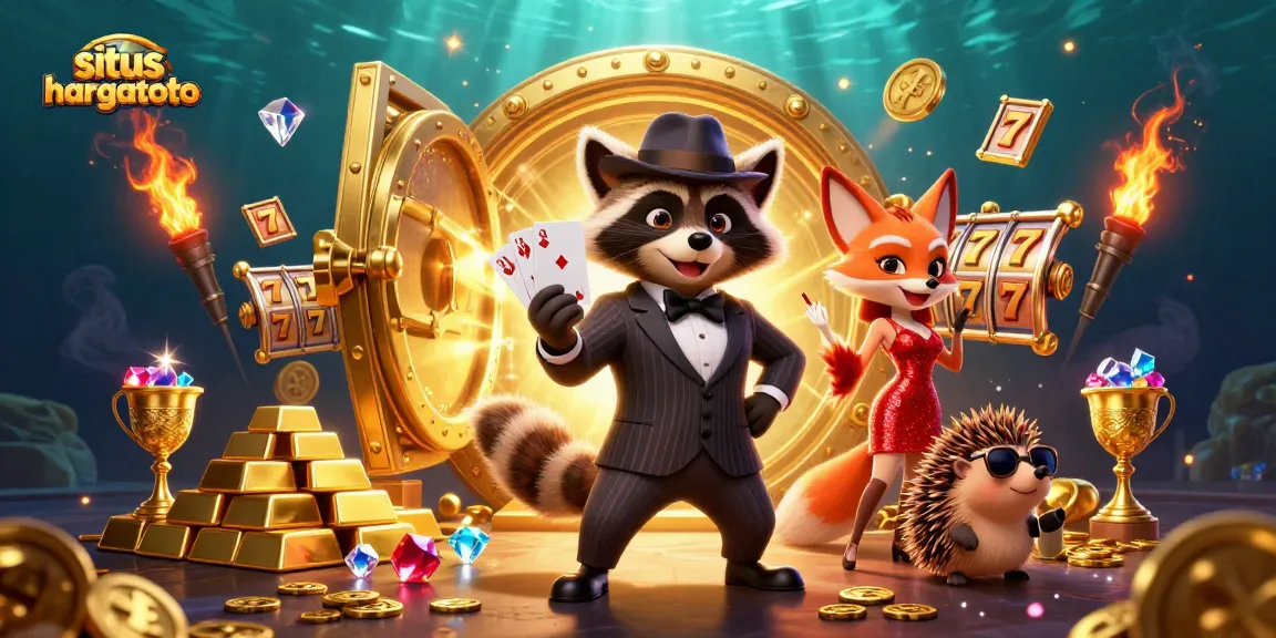 Situs hargatoto features a raccoon in a suit winning a royal flush at a vibrant online casino scene.